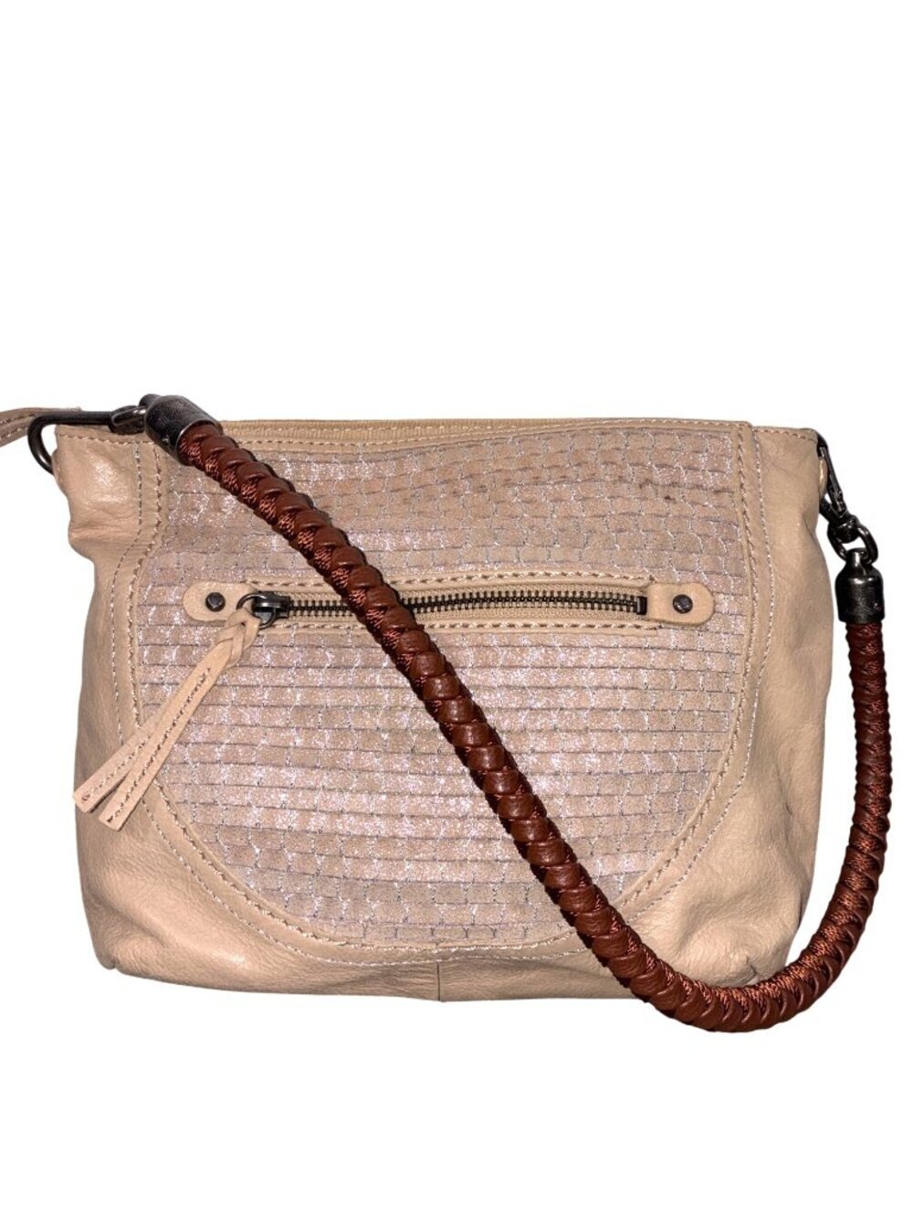 The Sak Beige woven Leather Shoulder Bag round Braided Strap & metallic accents